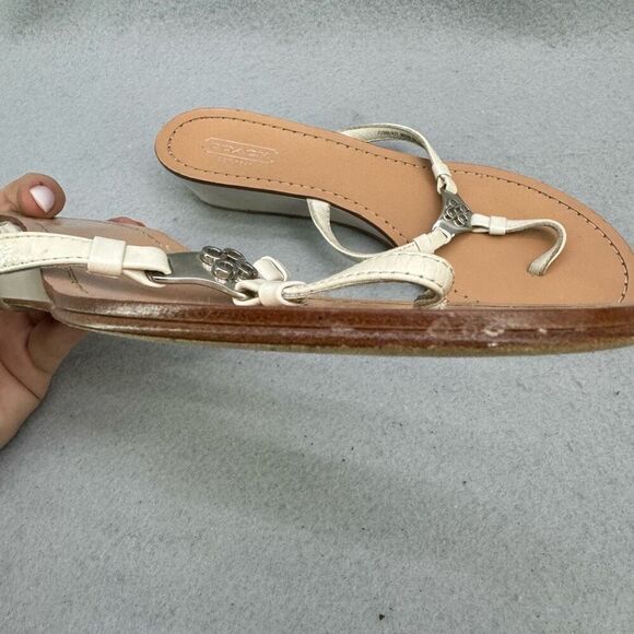 Y2K Coach Womens Beige White Vita Wedge Heel Flip Flop Leather Sandals Size 7 - Picture 9 of 12